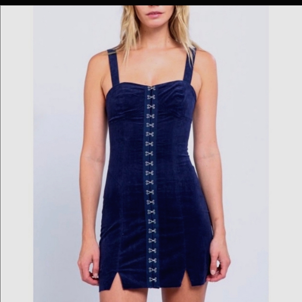 Blue Hooked Corduroy Mini Dress